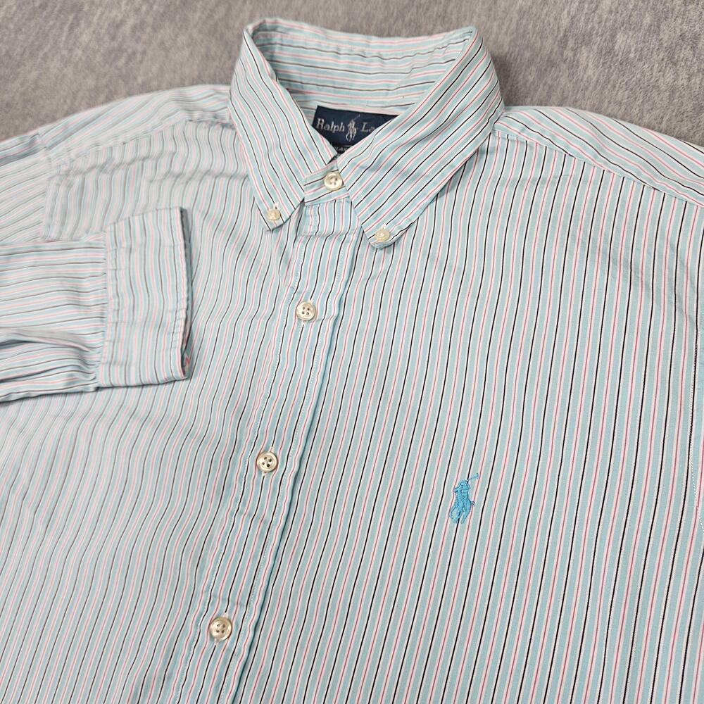 Ralph Lauren Shirt Men 16 32/33 Blue Pink Striped Classic Fit Button Down Cotton